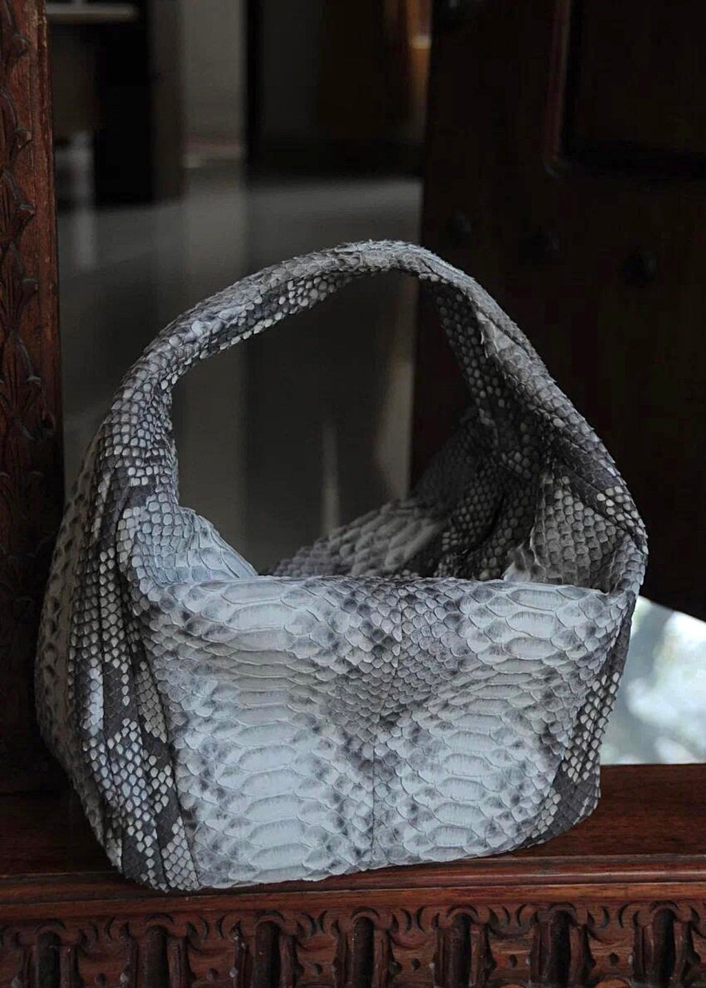 Medium Soft Hobo Python Skin Stitched Bag — Gray