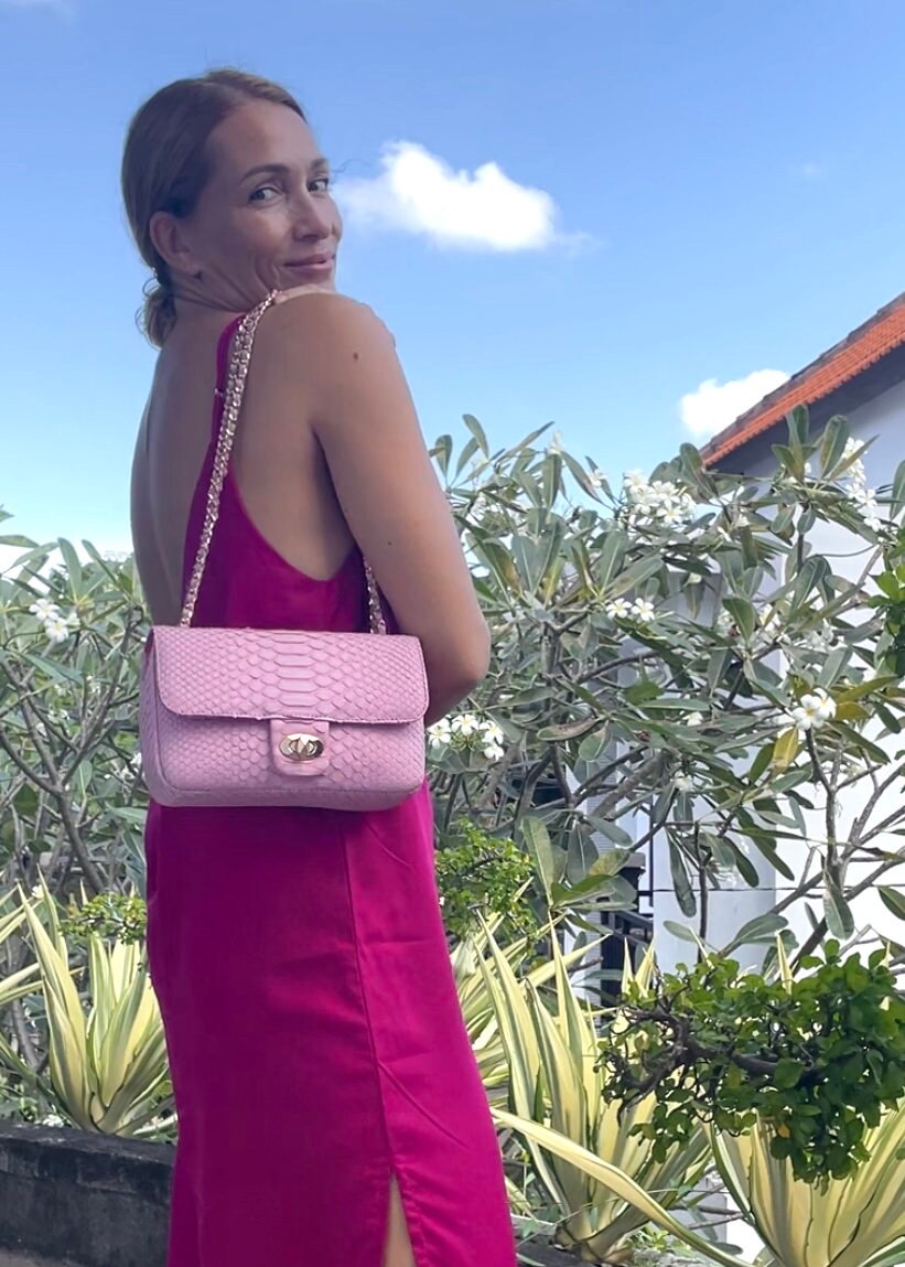 Genuine Python Skin Chain Crossbody Bag — Baby Pink