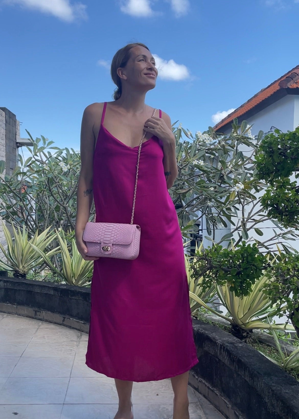 Genuine Python Skin Chain Crossbody Bag — Baby Pink