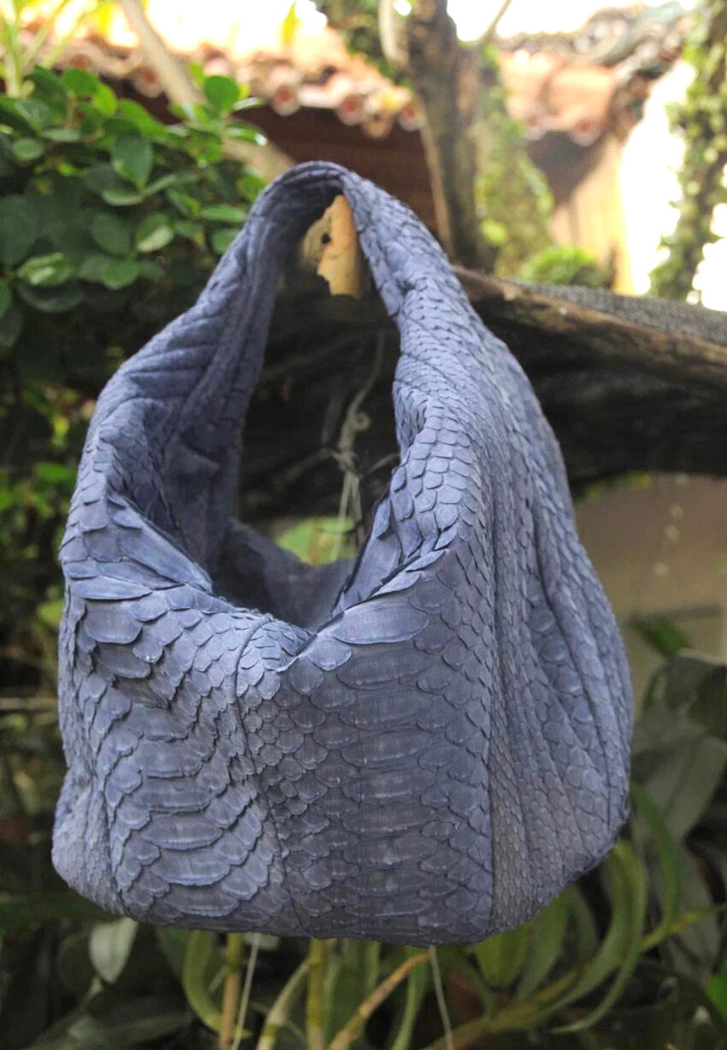 Medium Soft Hobo Python Skin Stitched Bag — Light Blue