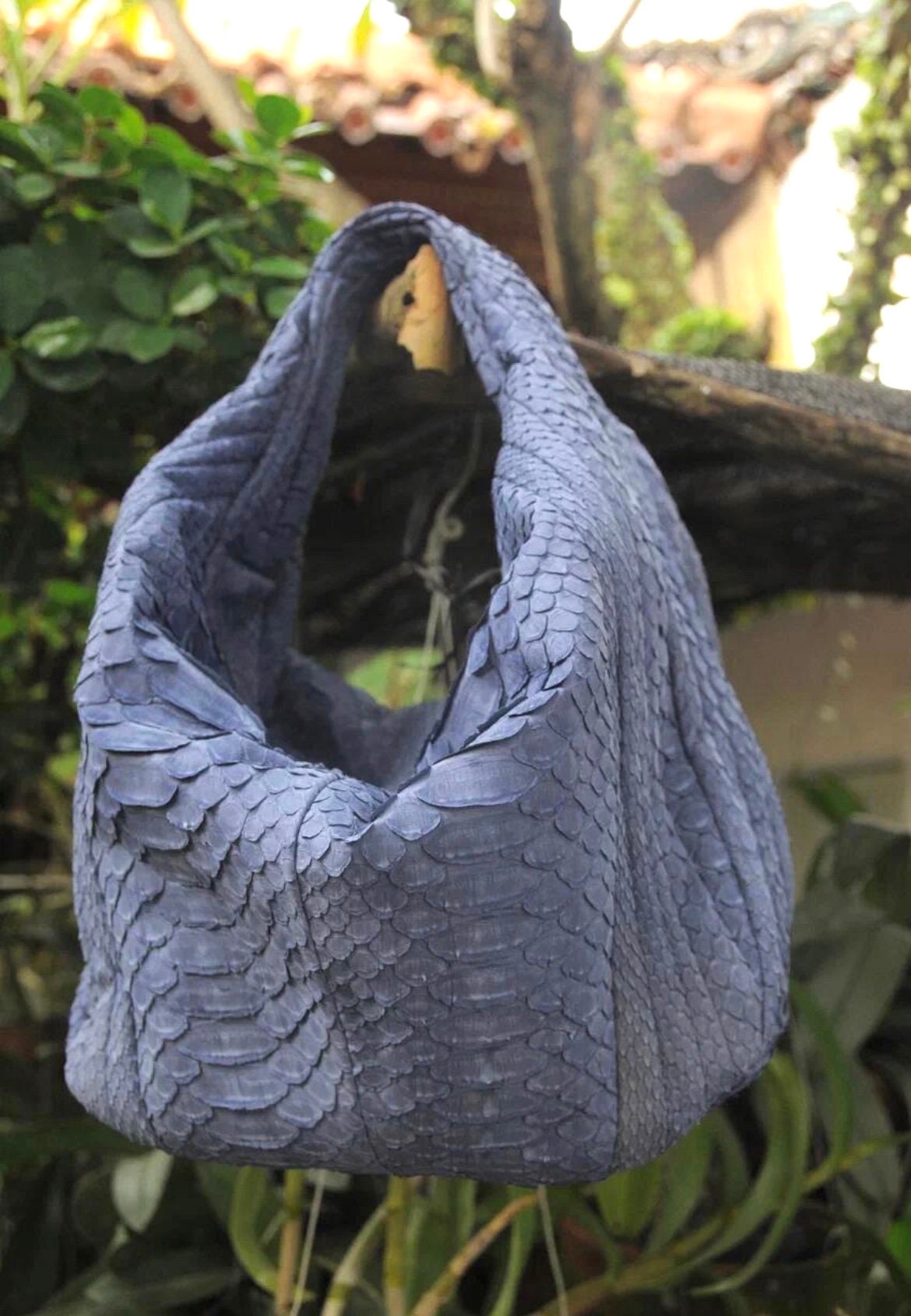 Medium Soft Hobo Python Skin Stitched Bag — Light Blue