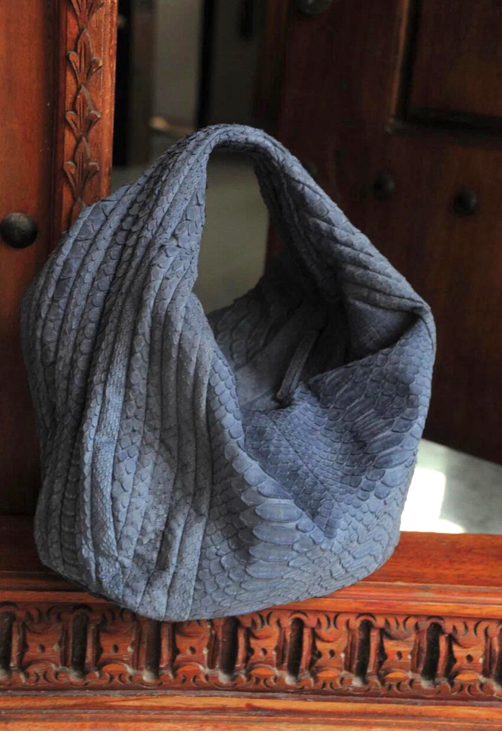 Medium Soft Hobo Python Skin Stitched Bag — Light Blue