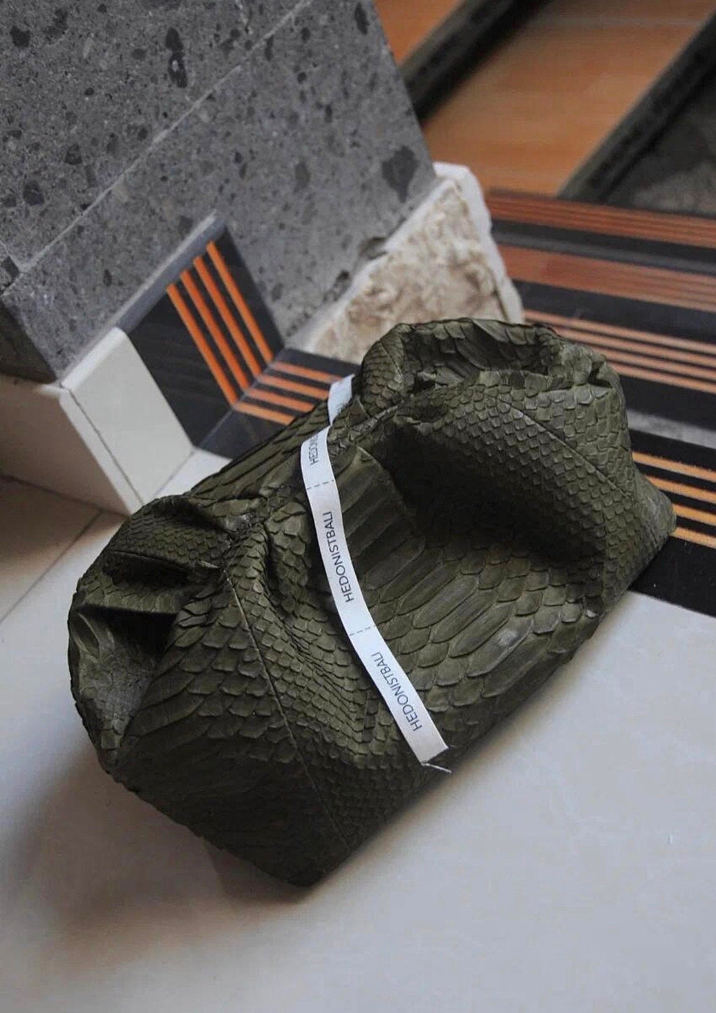 Genuine Python Skin Pouch Bag — Khaki Green