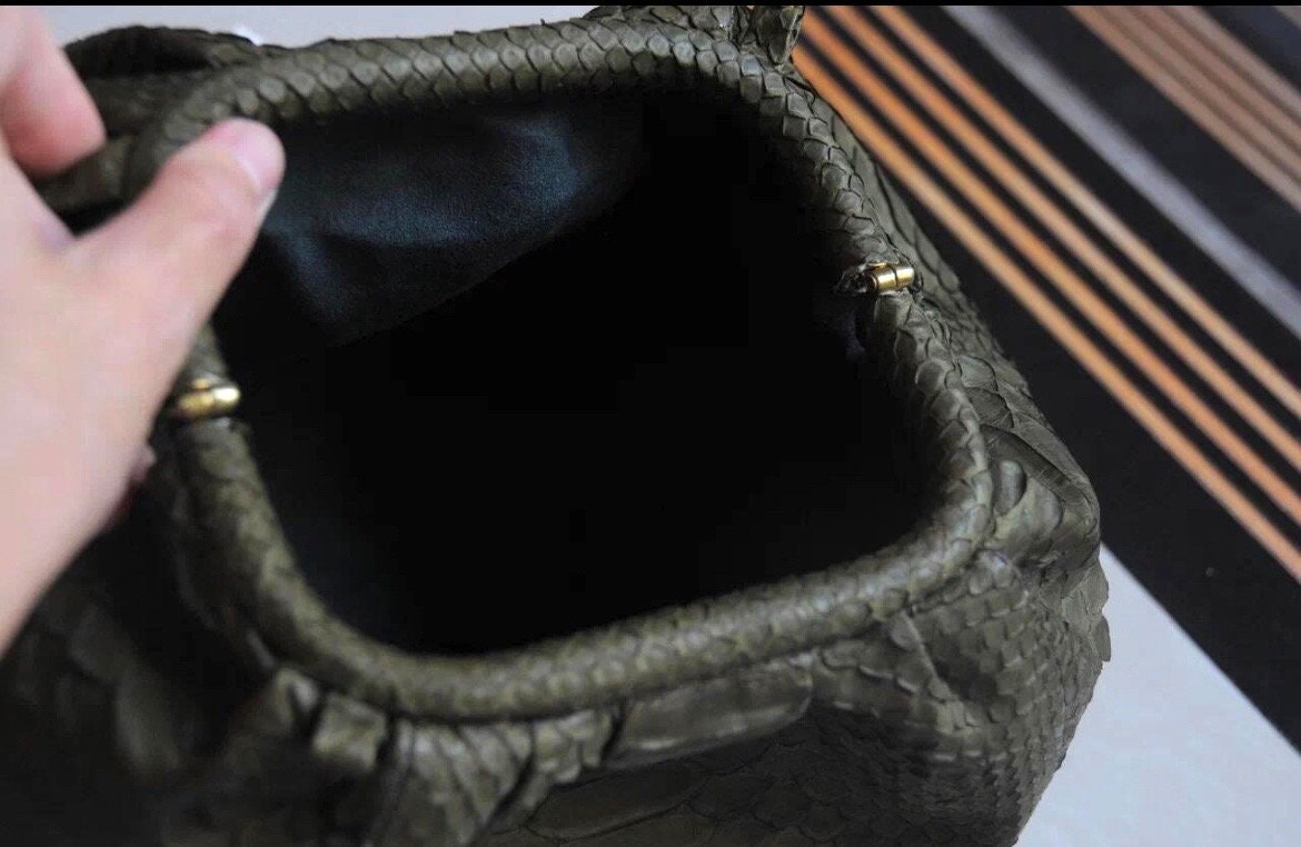 Genuine Python Skin Pouch Bag — Khaki Green
