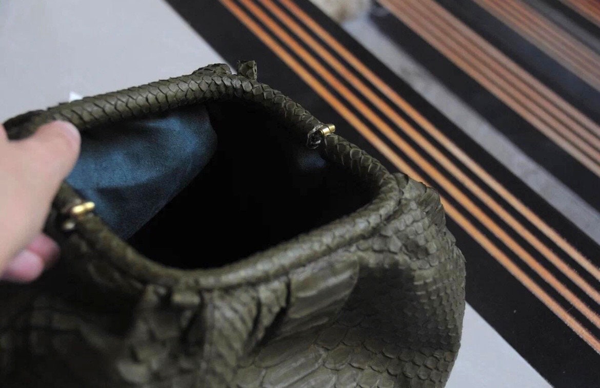 Genuine Python Skin Pouch Bag — Khaki Green