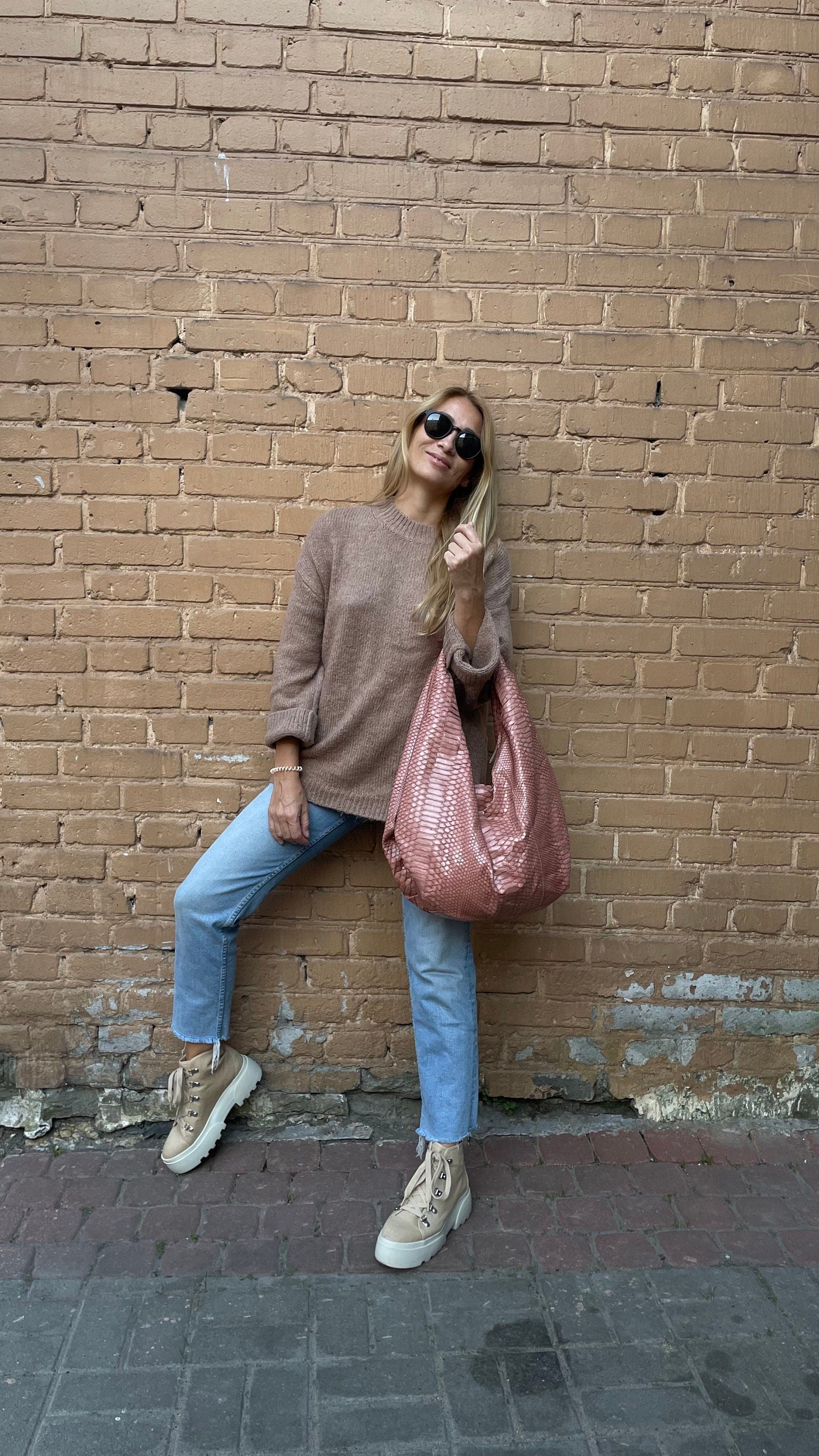 Big Soft Hobo Classy Sport Woman Bag | Purse Genuine Python Skin | Python Skin Products | Beige Big Elegant Leather Designer Soft Bag Snake