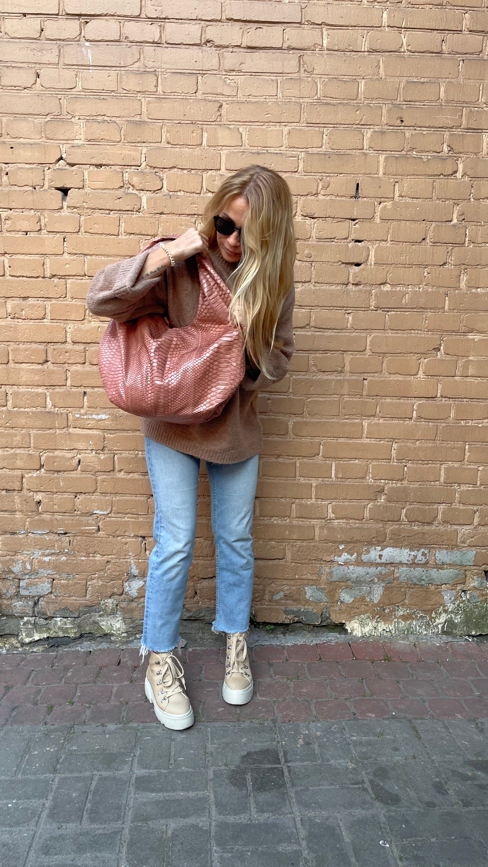 Big Soft Hobo Classy Sport Woman Bag | Purse Genuine Python Skin | Python Skin Products | Beige Big Elegant Leather Designer Soft Bag Snake