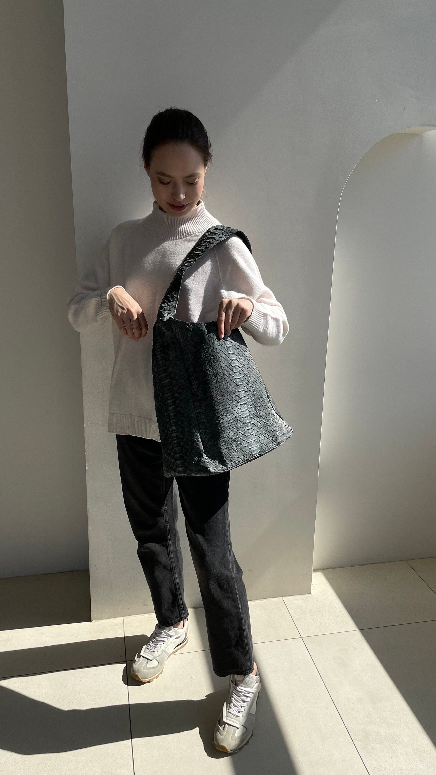 Big Soft Hobo Classy Sport Woman Bag | Purse Genuine Python Skin | Grey Riva  Elegant Leather Designer Soft Bag Snake | exotic leather purse