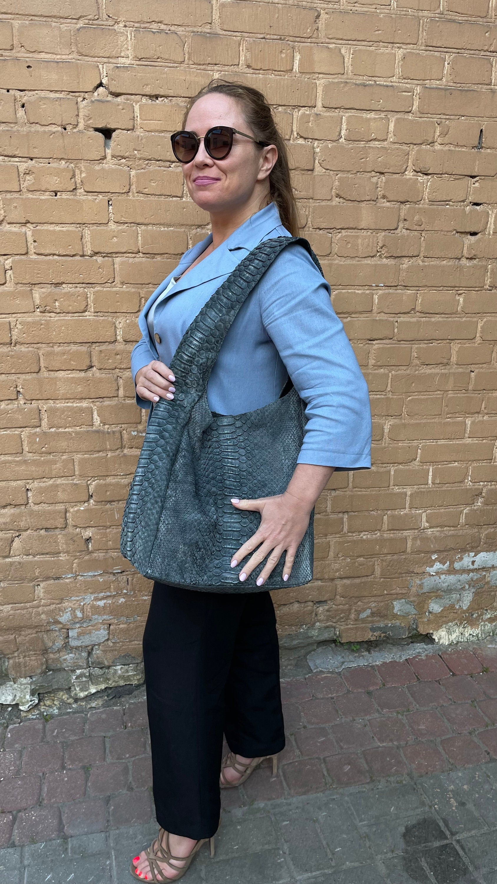 Big Soft Hobo Python Skin Bag RIVA — Grey