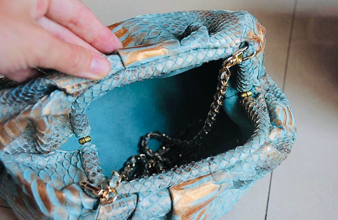 Genuine Python Skin Pouch Bag — Blue