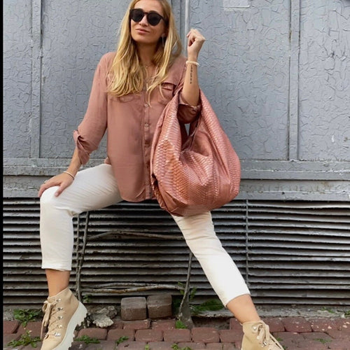 Big Soft Hobo Python Skin Bag — Beige