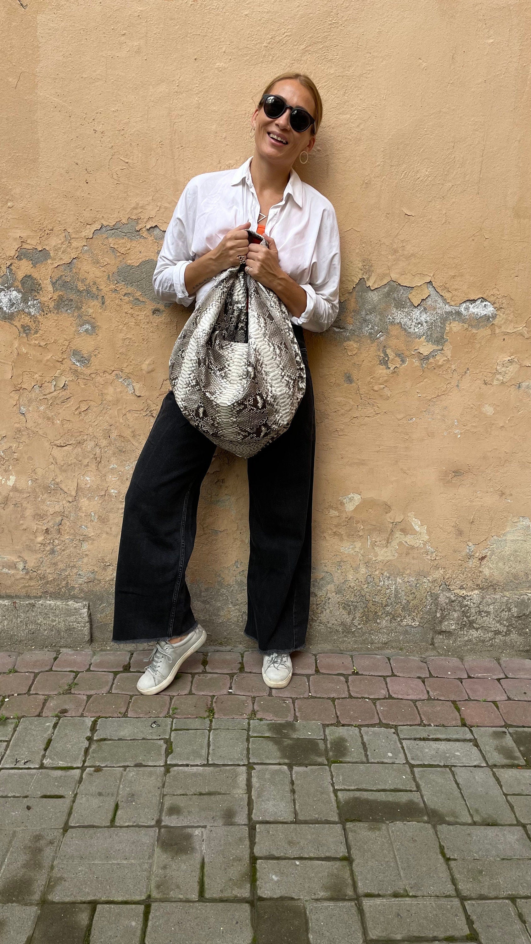 Big Soft Hobo Python Skin Bag — Gray