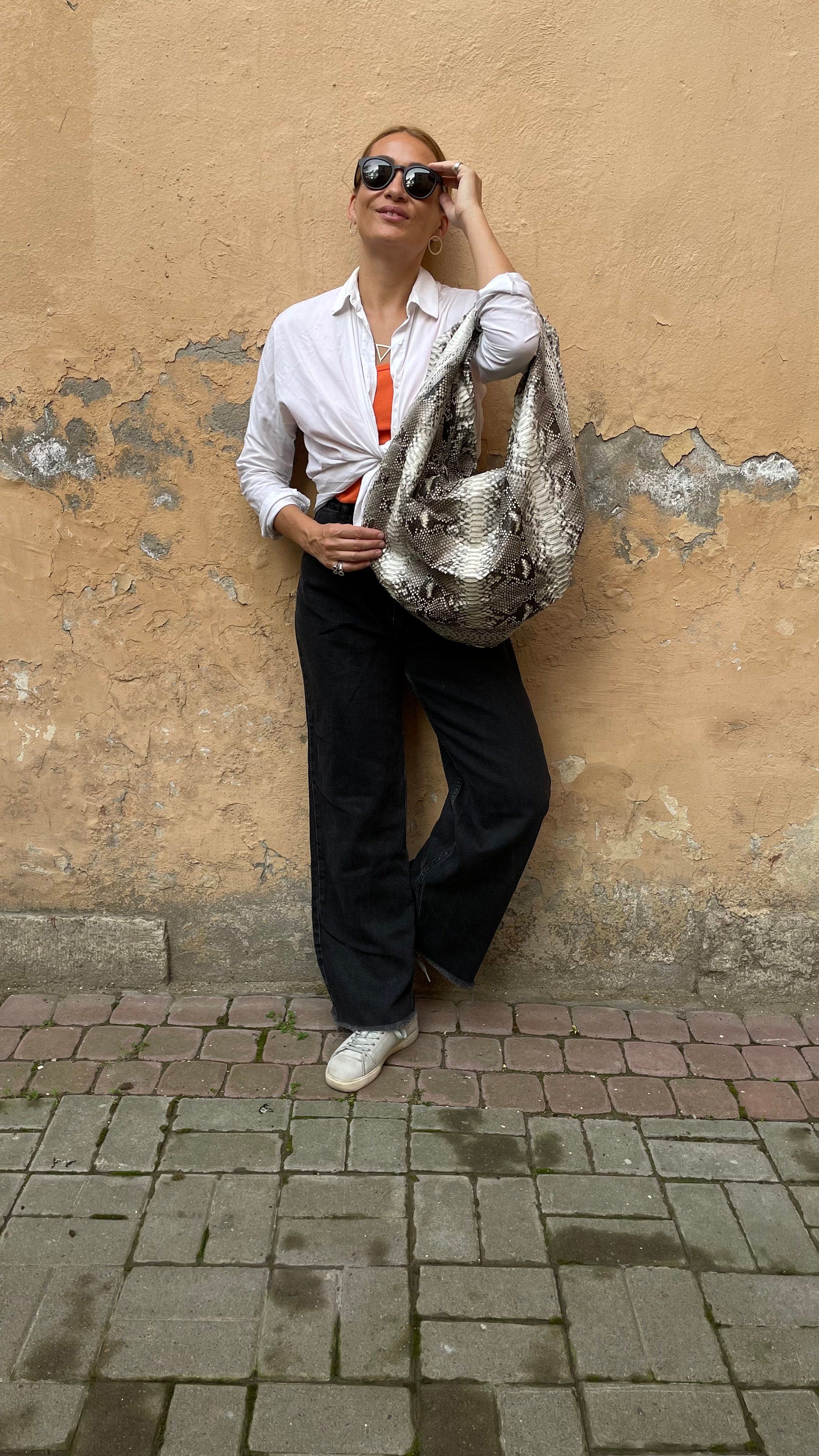 Big Soft Hobo Python Skin Bag — Gray