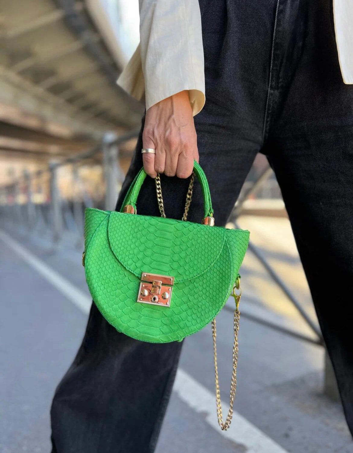 Genuine Python Skin Crosshandle Elegant Green Bag