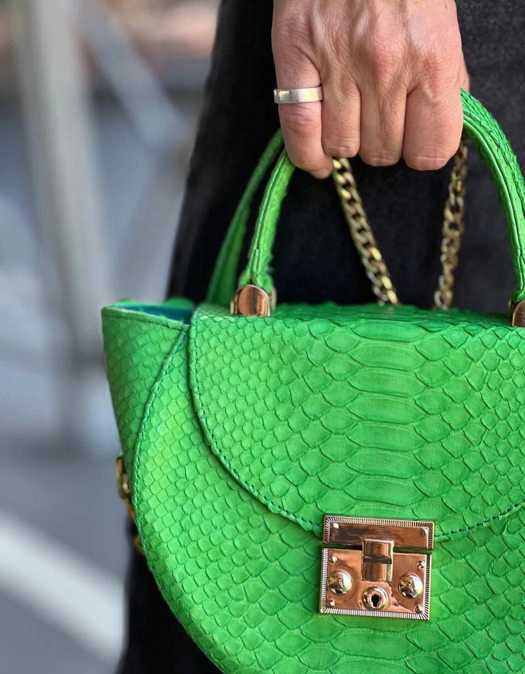 Genuine Python Skin Crosshandle Bag — Green
