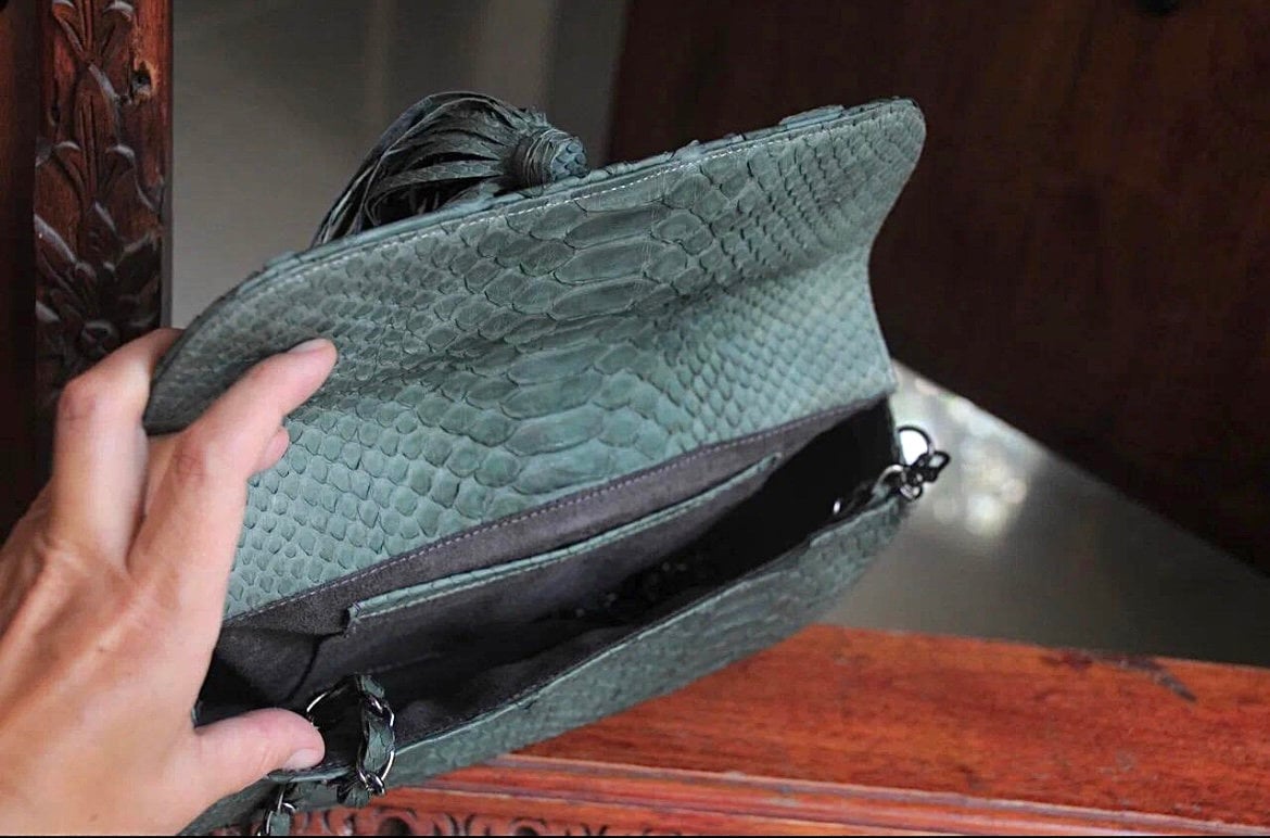 Genuine Python Skin Tassel Clutch — Dark Green