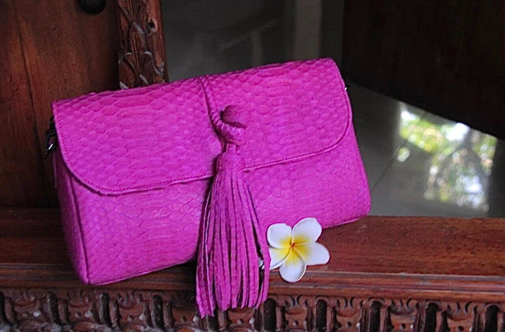 Genuine Python Skin Tassel Clutch — Hot Pink