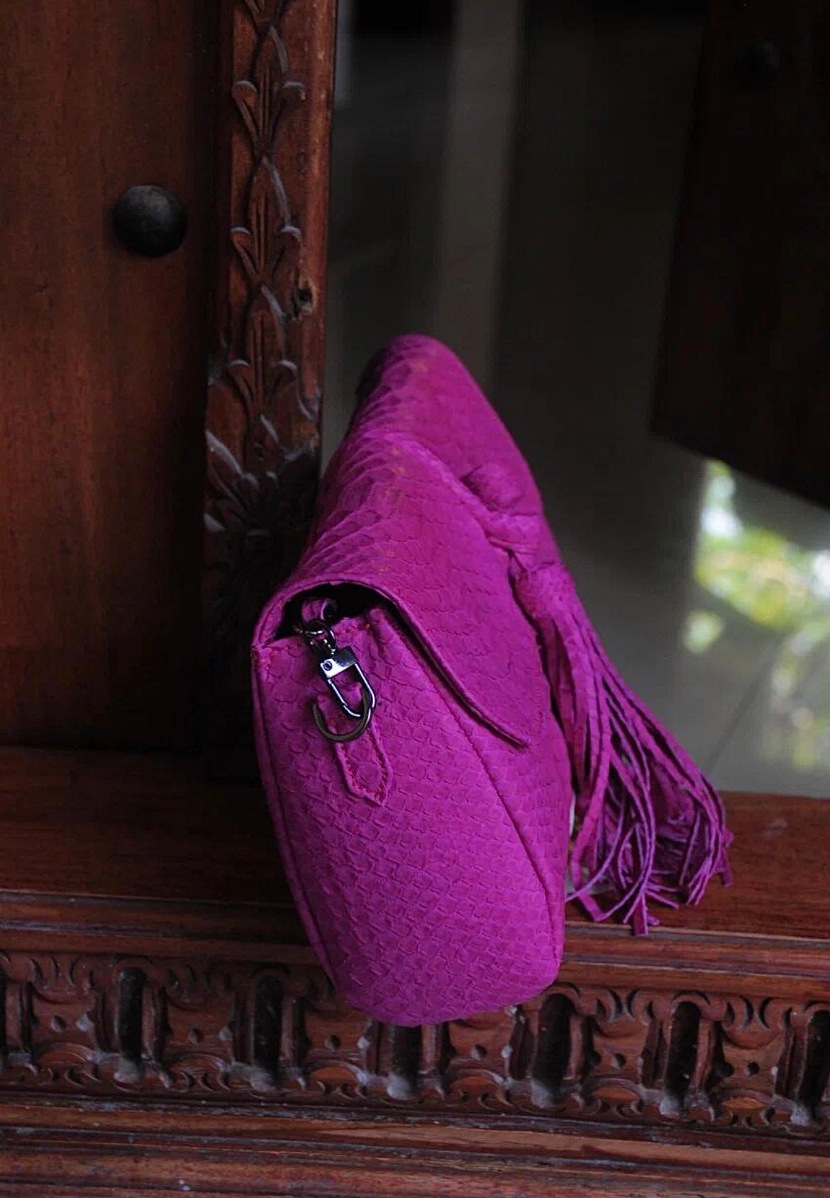 Genuine Python Skin Tassel Clutch — Hot Pink