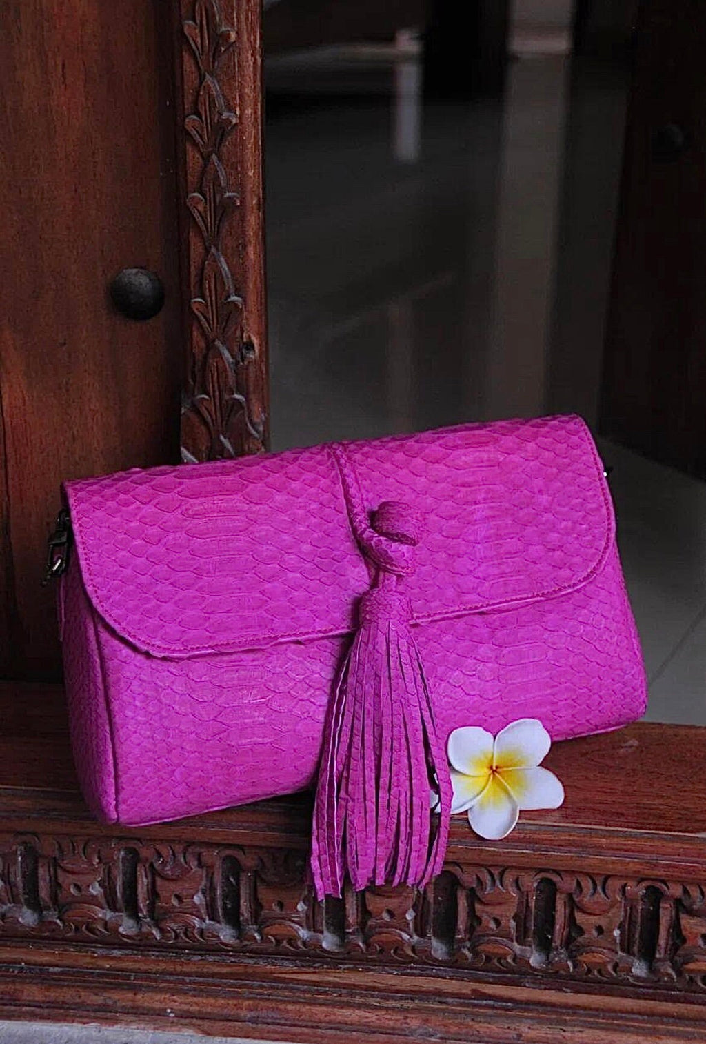 Genuine Python Skin Tassel Clutch — Hot Pink