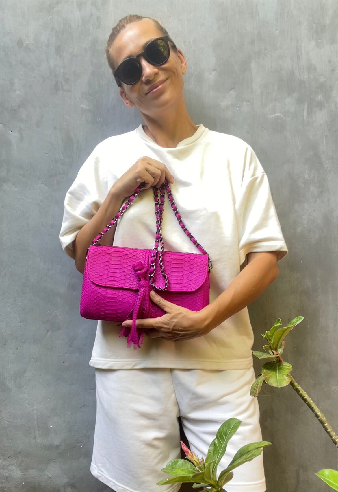 Genuine Python Skin Tassel Clutch — Hot Pink