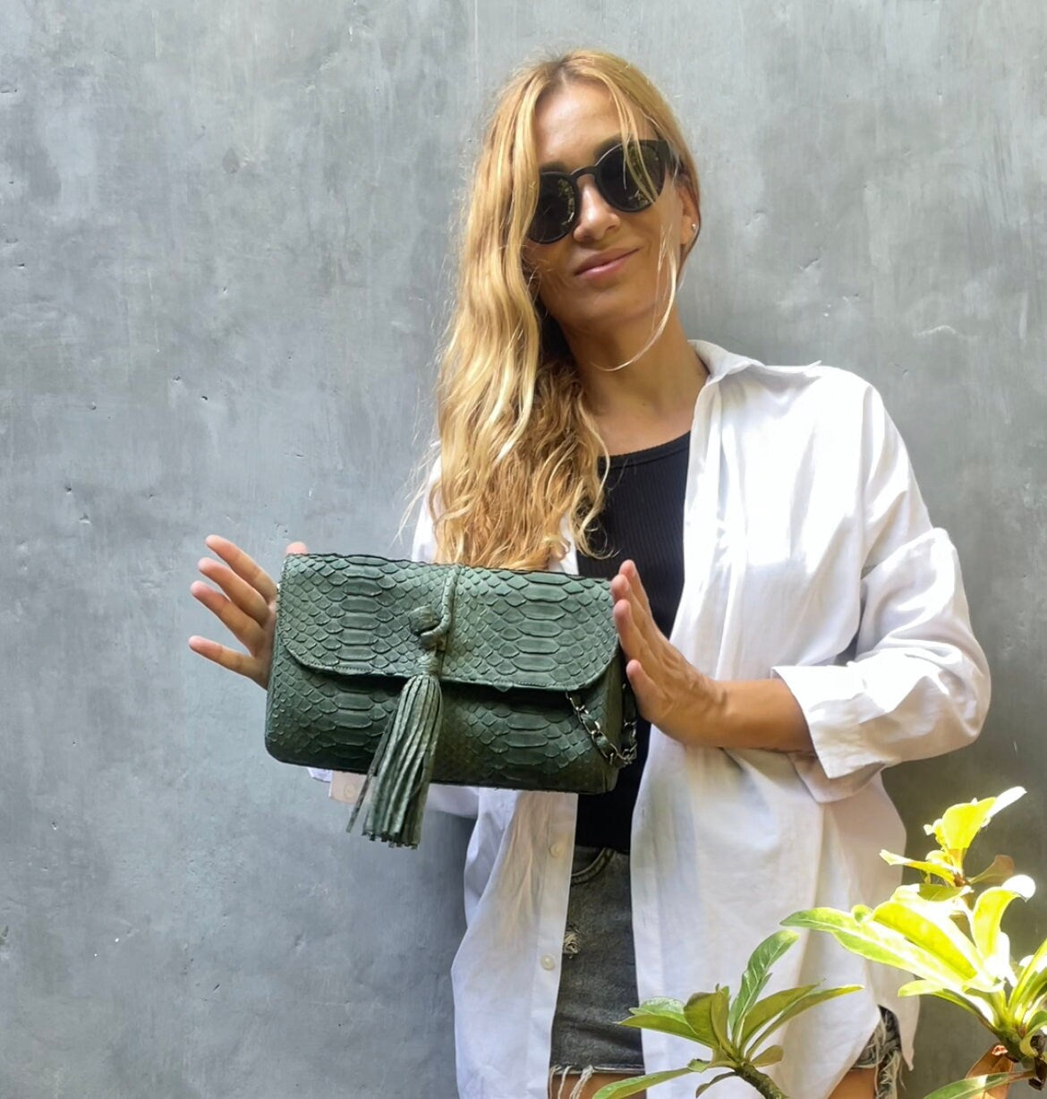 Genuine Python Skin Tassel Clutch — Dark Green