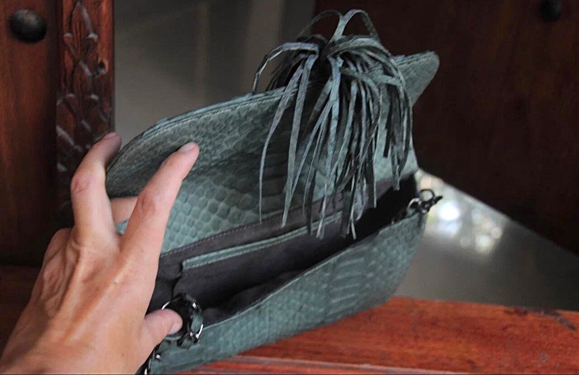 Genuine Python Skin Tassel Clutch — Dark Green