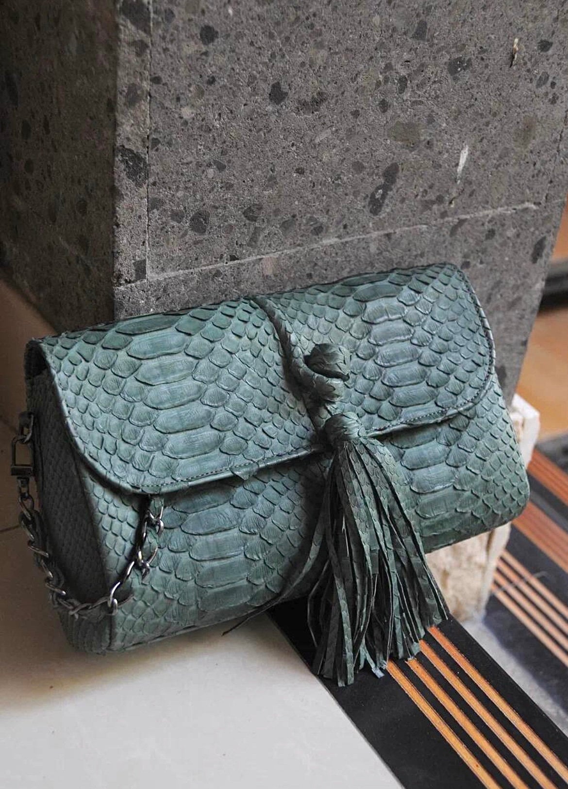 Genuine Python Skin Tassel Clutch — Dark Green
