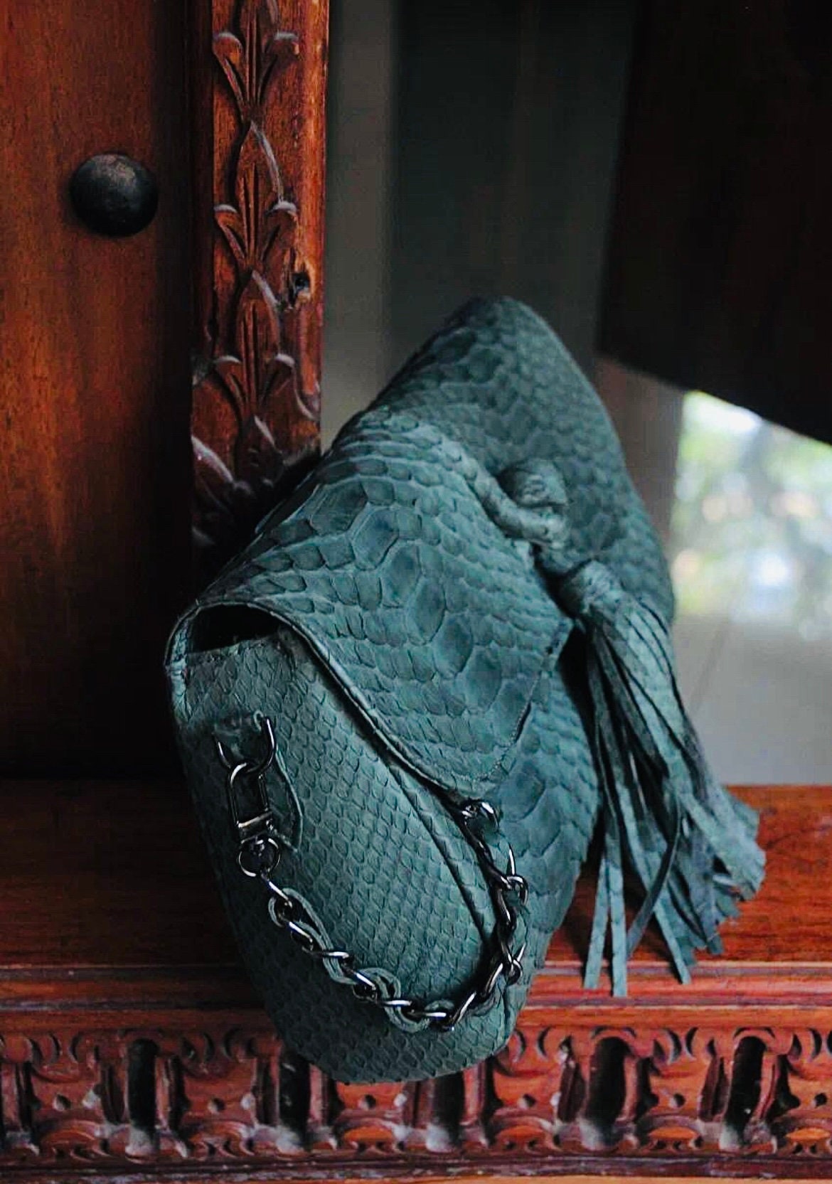 Genuine Python Skin Tassel Clutch — Dark Green