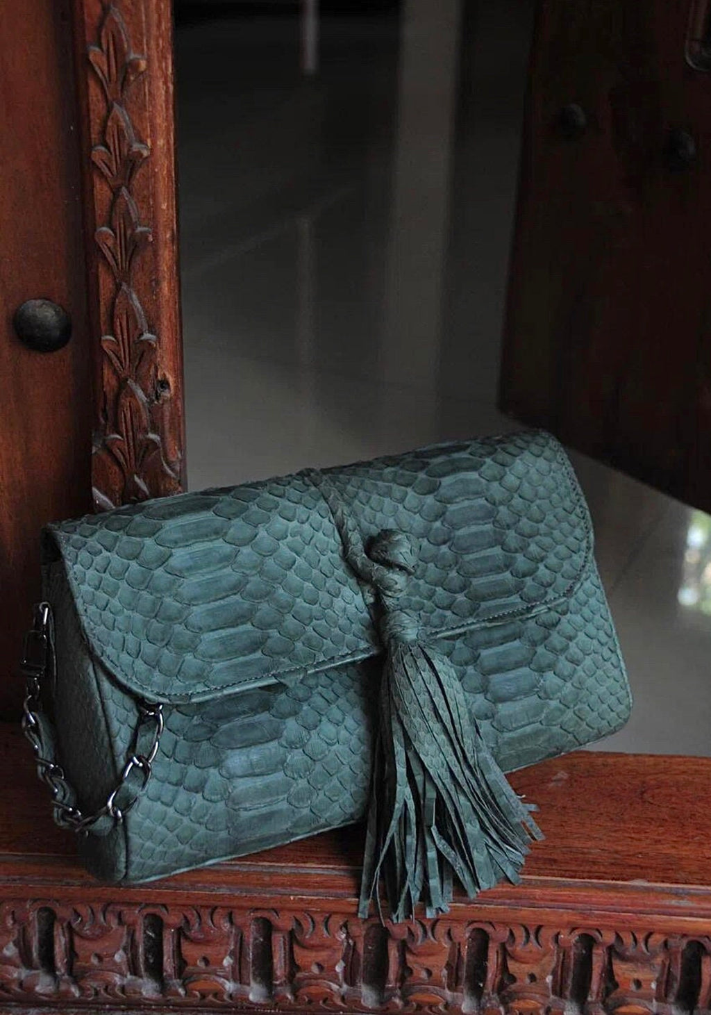 Genuine Python Skin Tassel Clutch — Dark Green