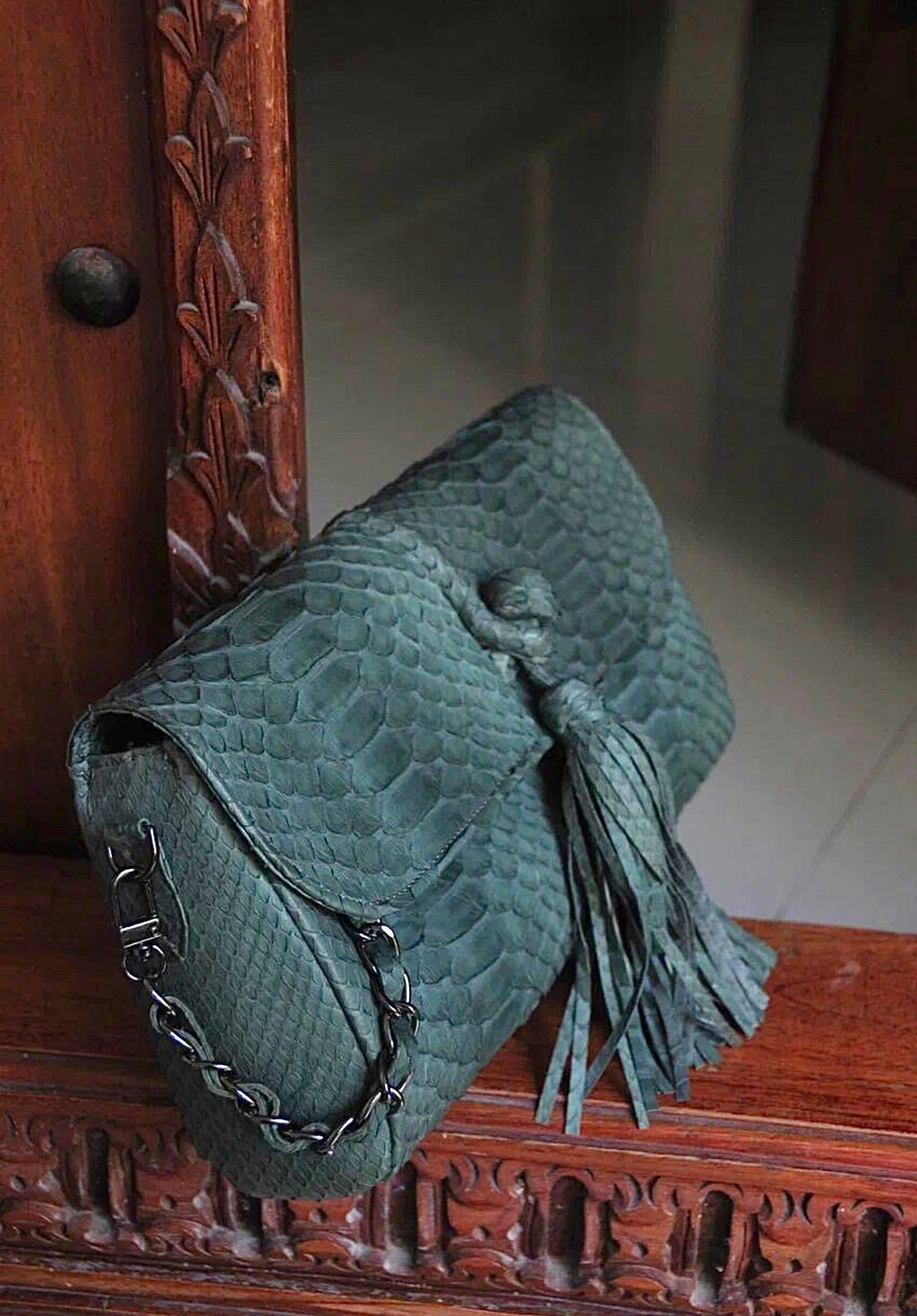 Genuine Python Skin Tassel Clutch — Dark Green
