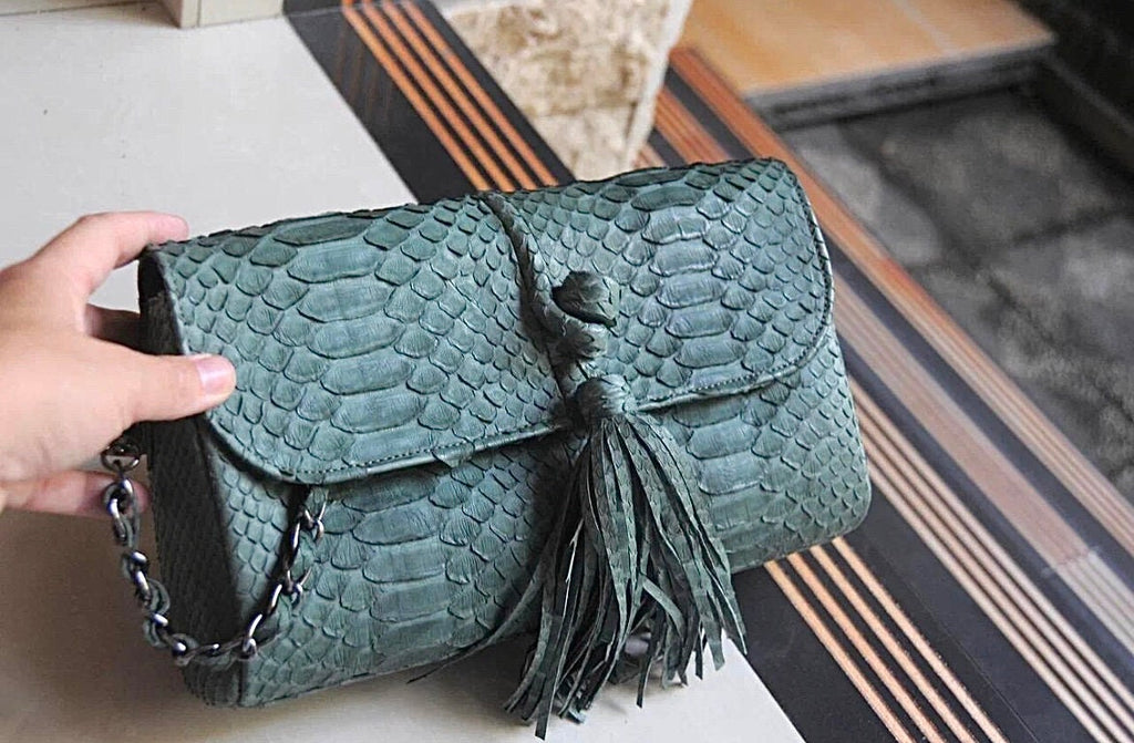Genuine Python Skin Tassel Clutch — Dark Green