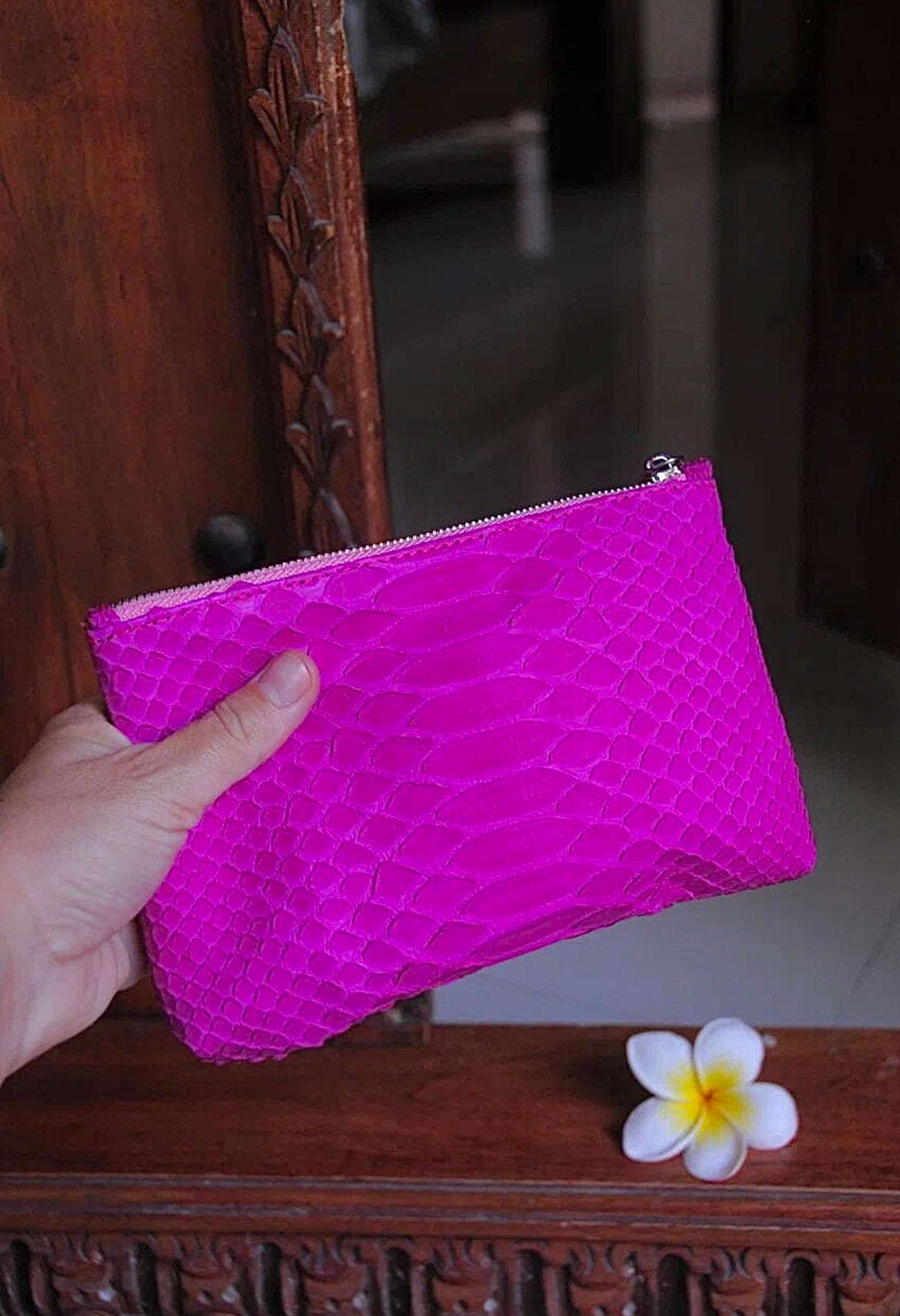 Genuine python skin hot pink cosmetic bag/ Purse Insert Organizer/ Bag Insert For Tote Bag/ exotic leather wallet / small snake skin clutch — Red