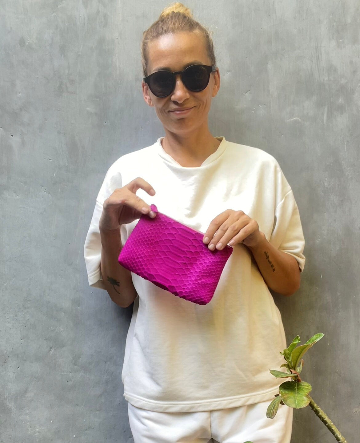 Genuine Python Skin Cosmetic Bag — Hot Pink