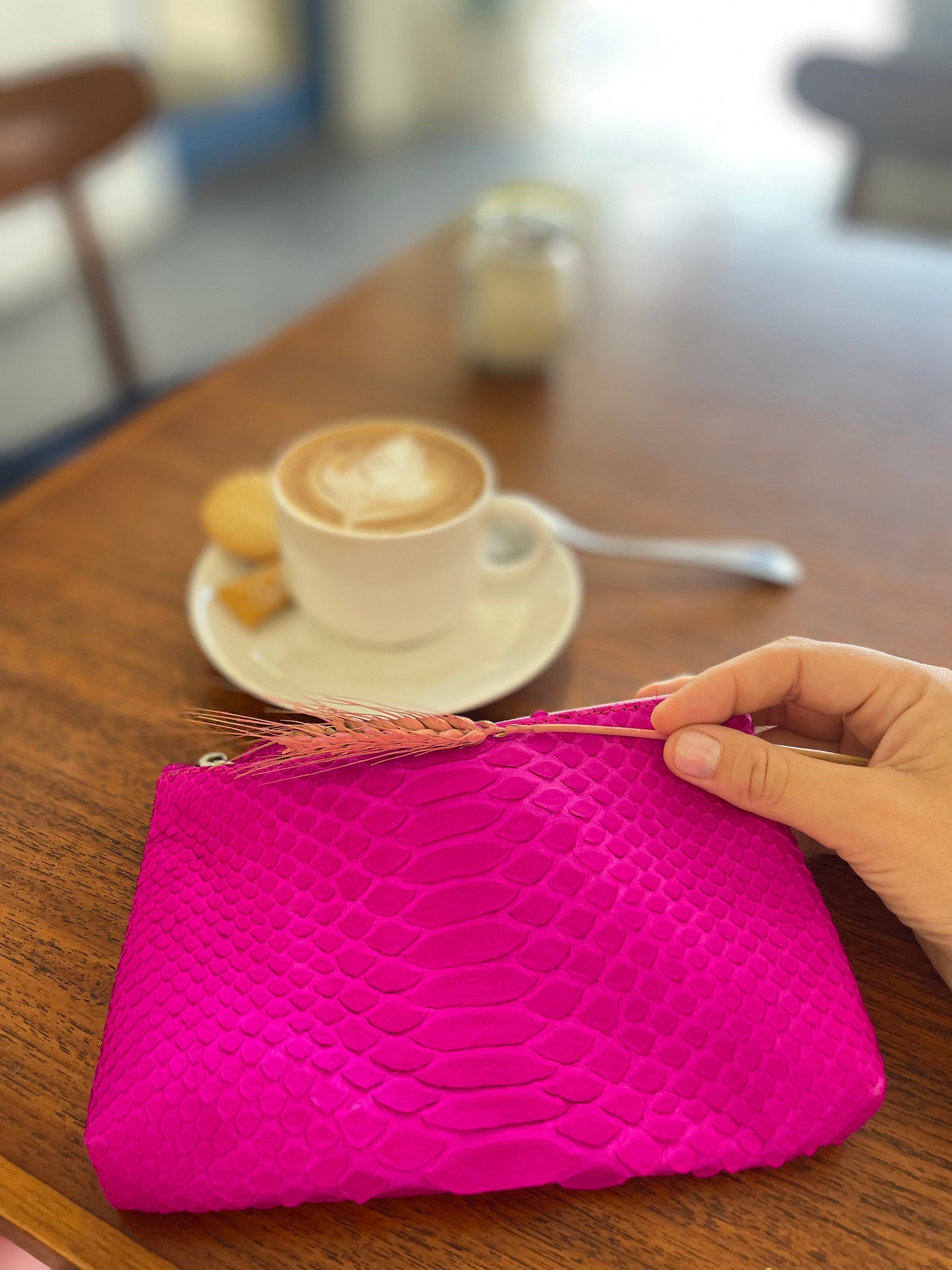 Genuine Python Skin Cosmetic Bag — Hot Pink