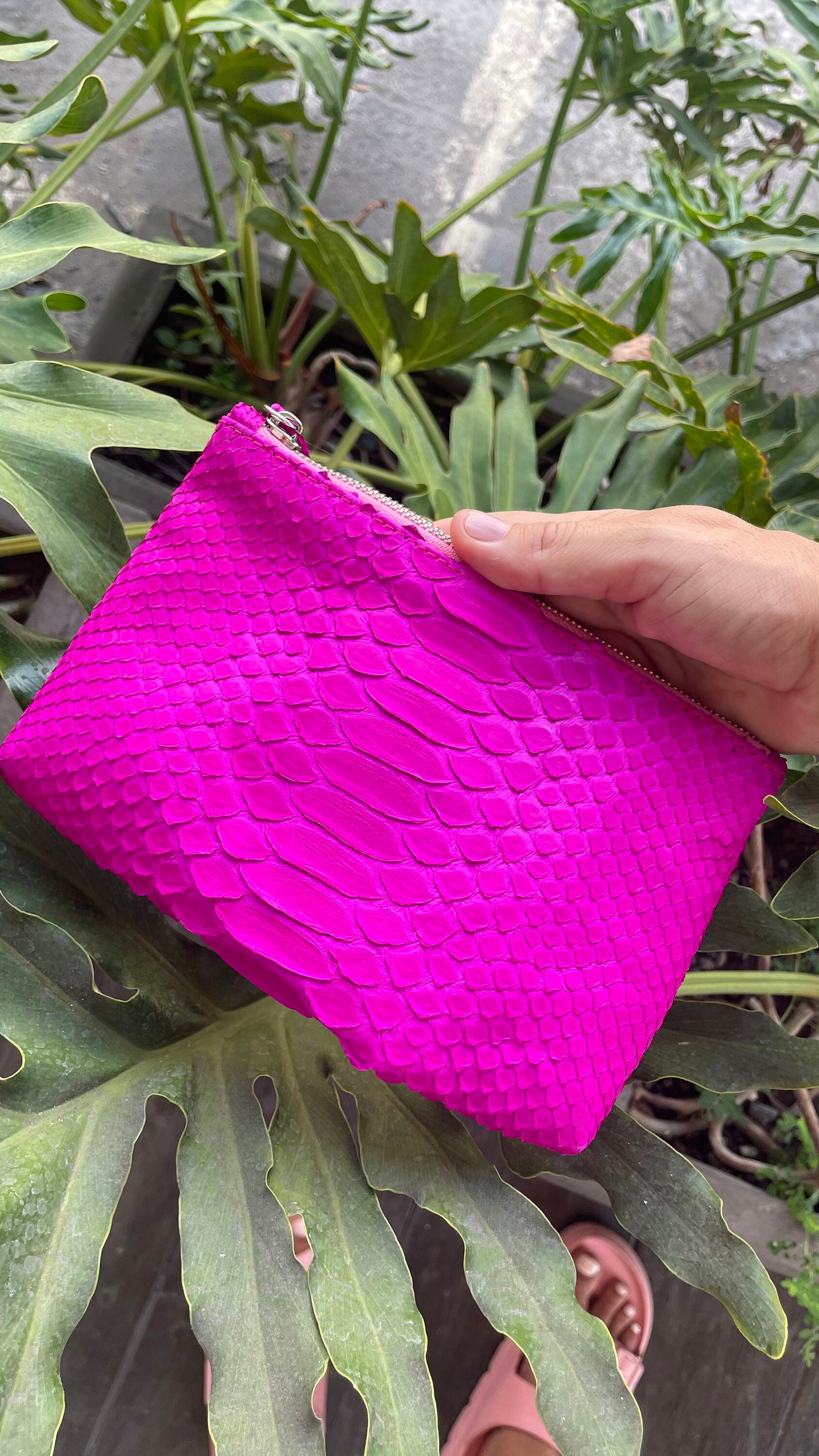 Genuine Python Skin Cosmetic Bag — Hot Pink