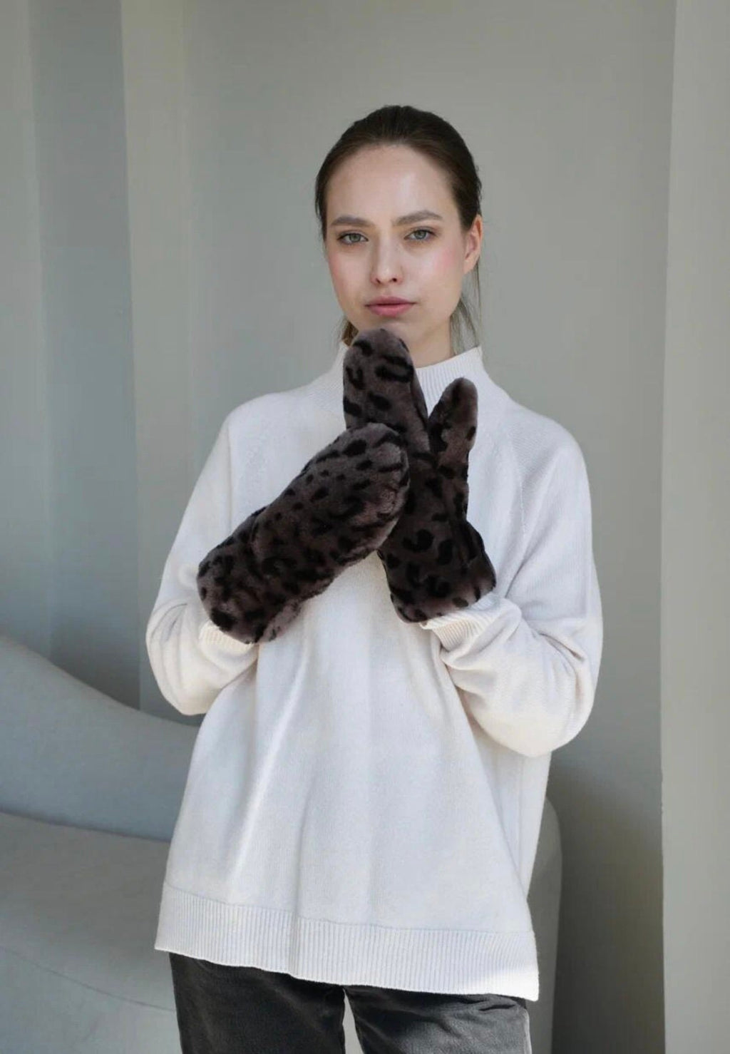 Genuine Shearling Mittens — Leopard Print