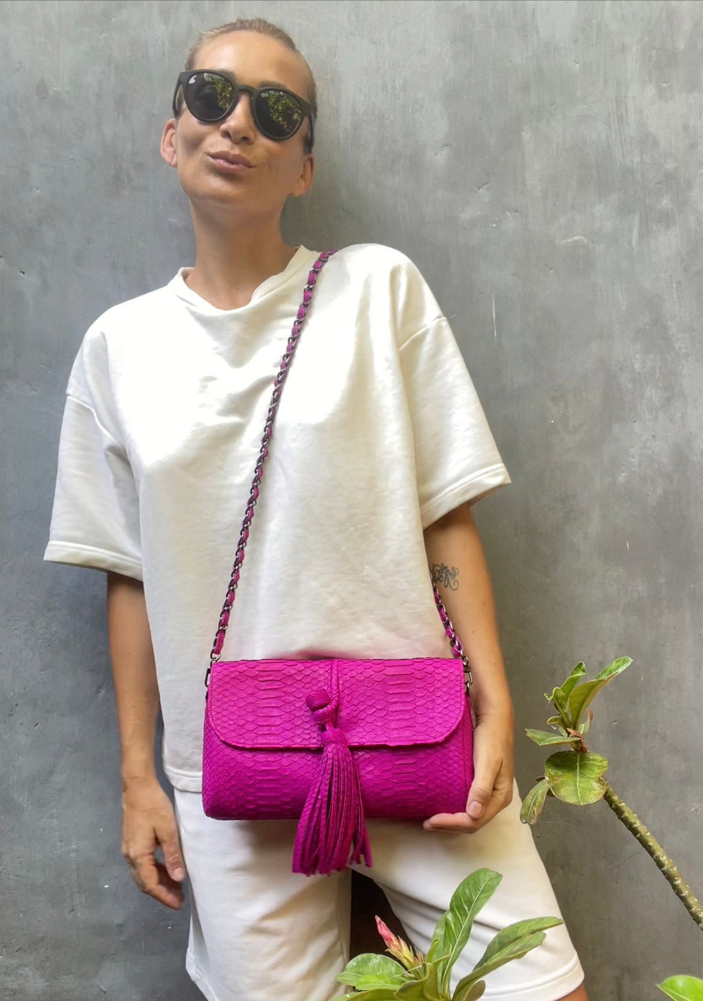 Genuine Python Skin Tassel Clutch — Hot Pink