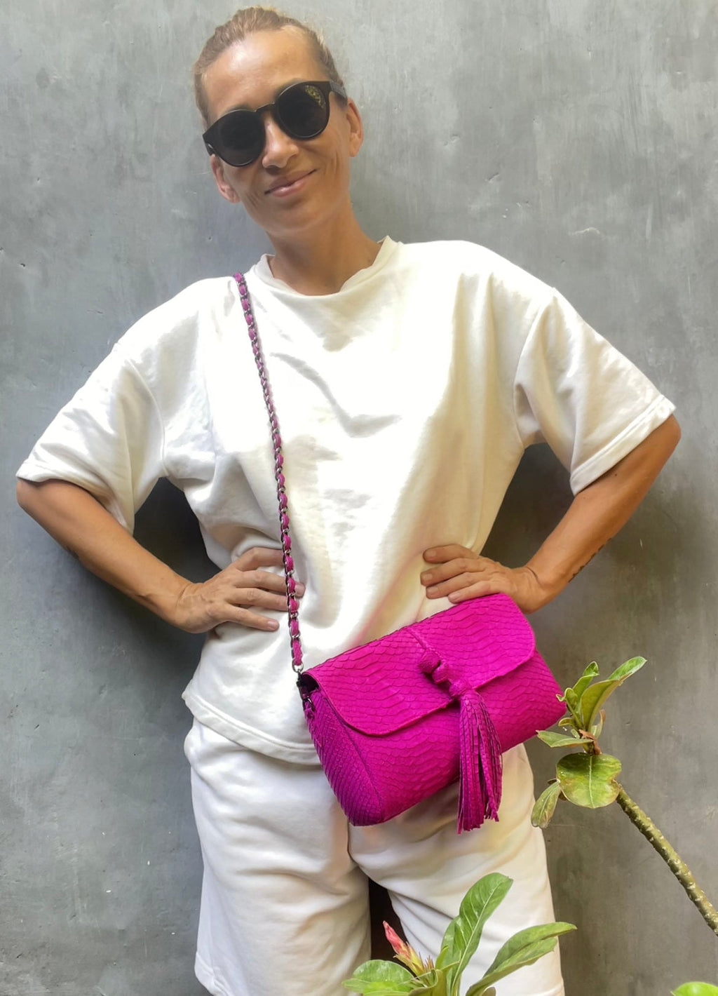 Genuine Python Skin Tassel Clutch — Hot Pink