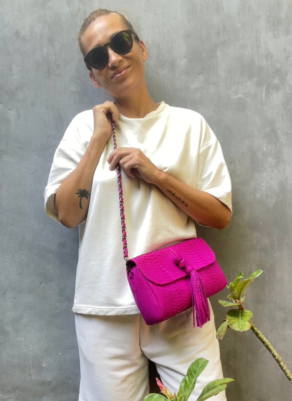 Genuine Python Skin Tassel Clutch — Hot Pink