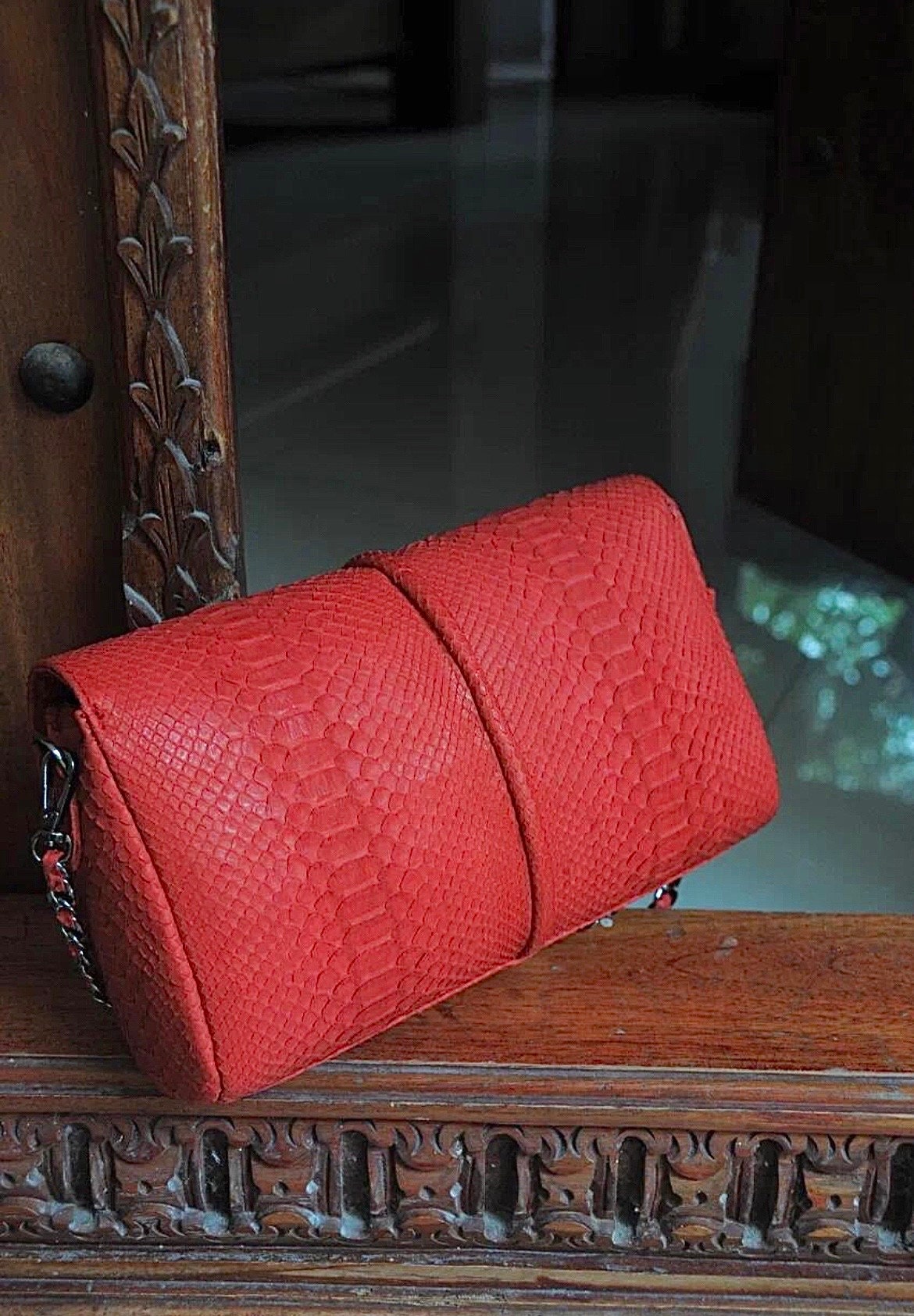 Genuine Python Skin Tassel Clutch — Red