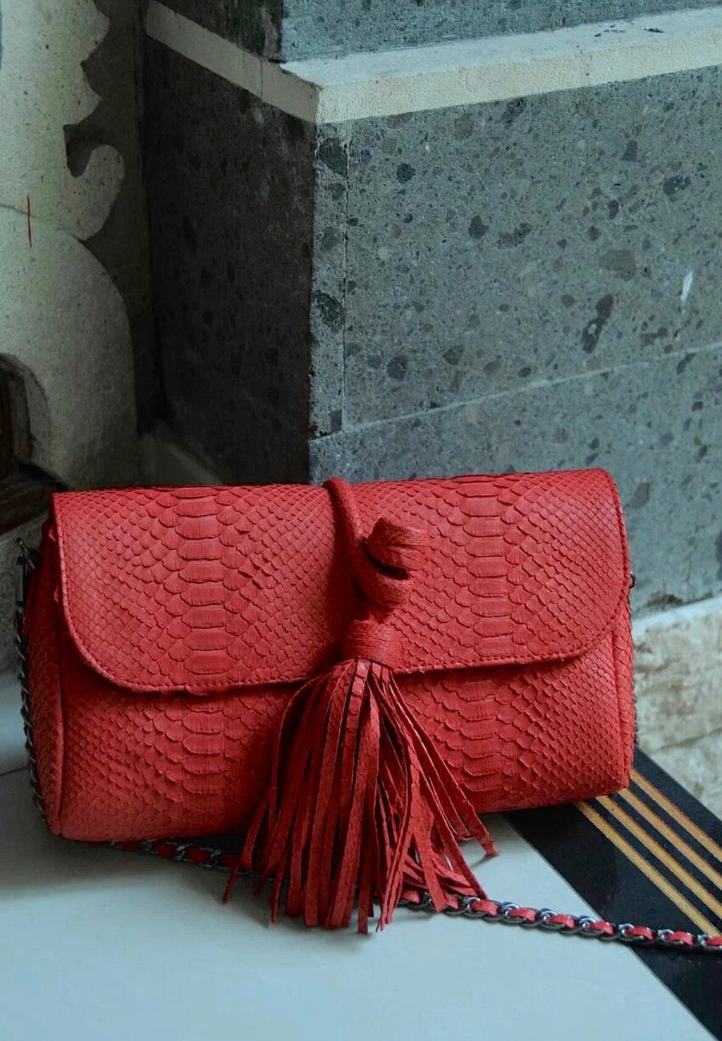Genuine Python Skin Tassel Clutch — Red