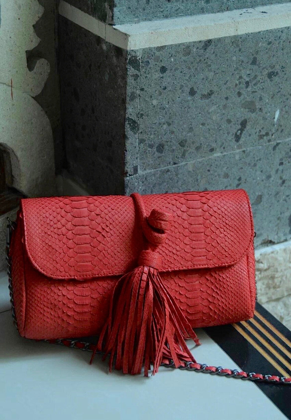 Genuine Python Skin Tassel Clutch — Red