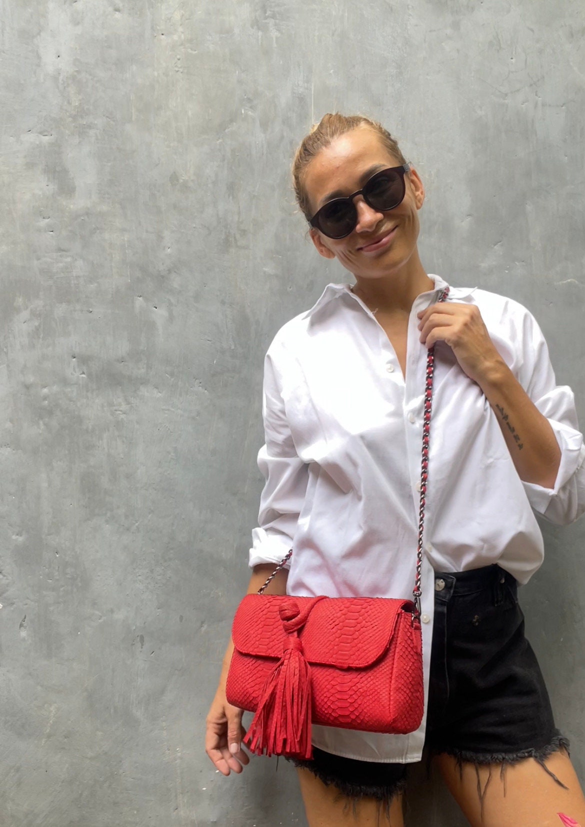 Genuine Python Skin Tassel Clutch — Red