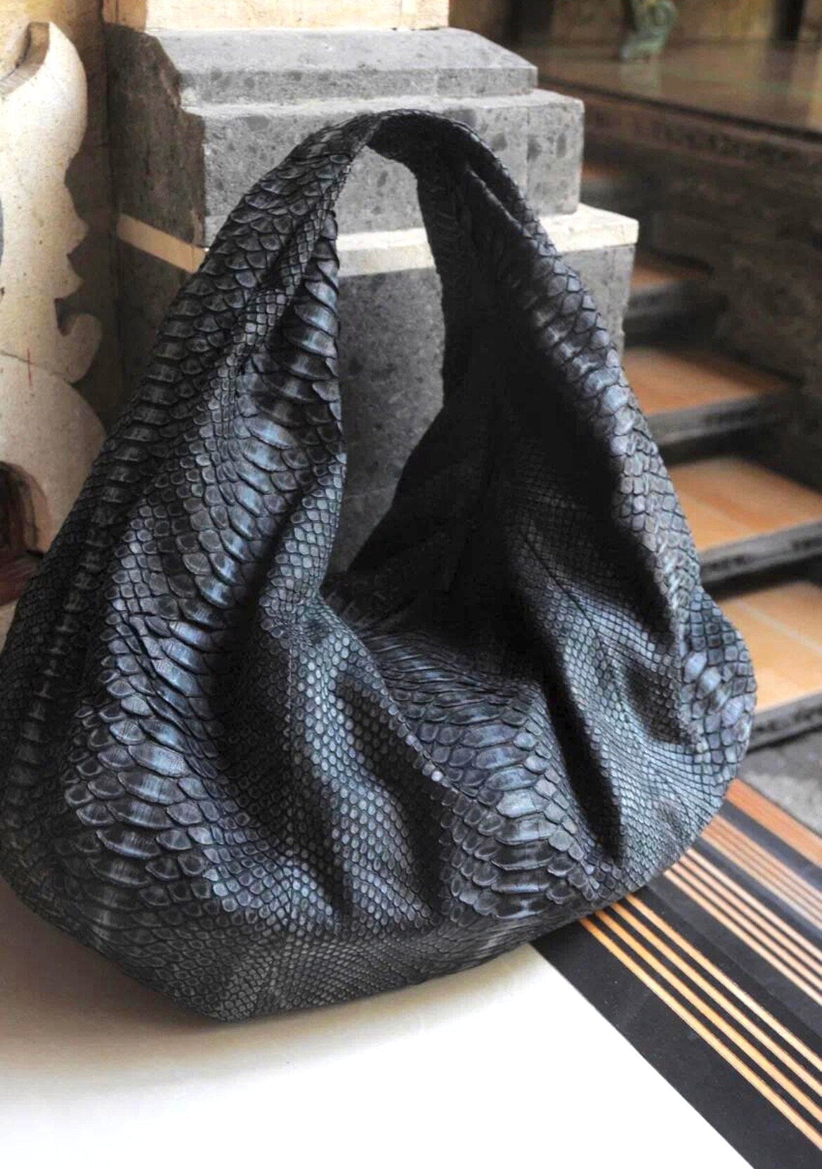Big Soft Hobo Python Skin Bag — Gray