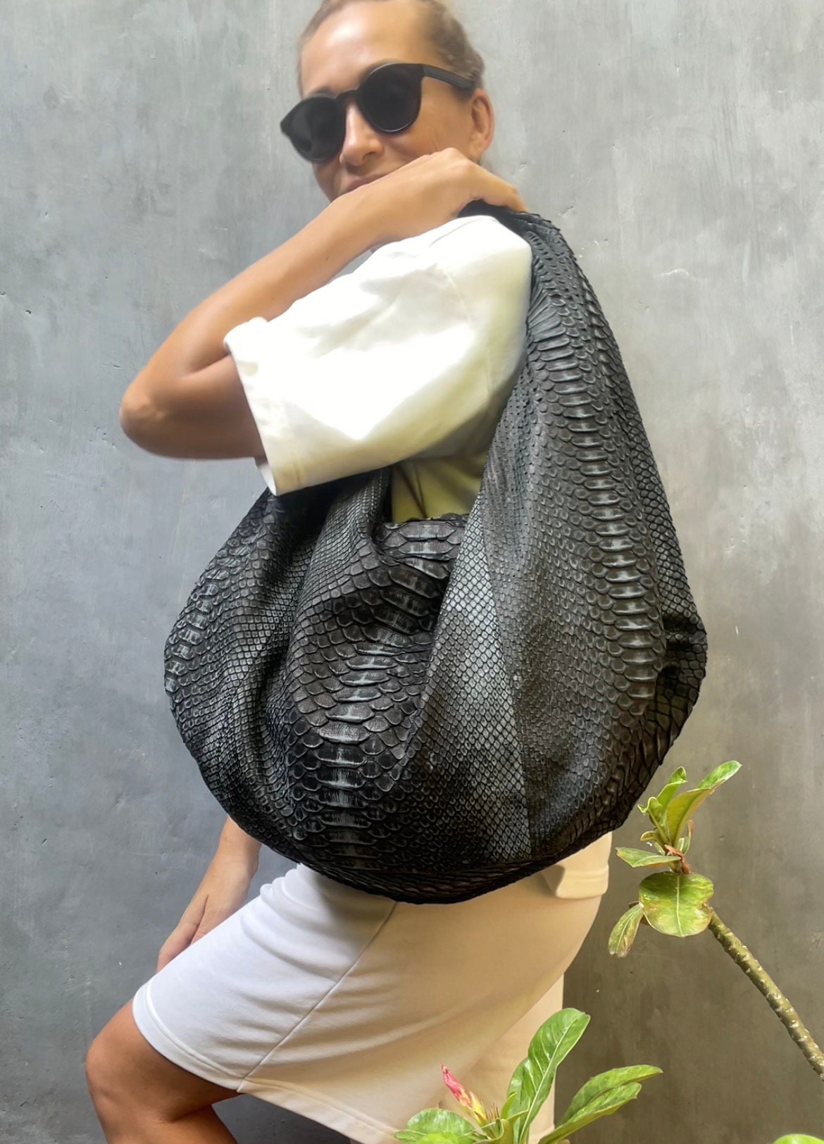 Big Soft Hobo Classy Sport Woman Bag | Purse Genuine Python Skin | Python Skin Products | Gray Big Elegant Leather Designer Soft Bag Snake