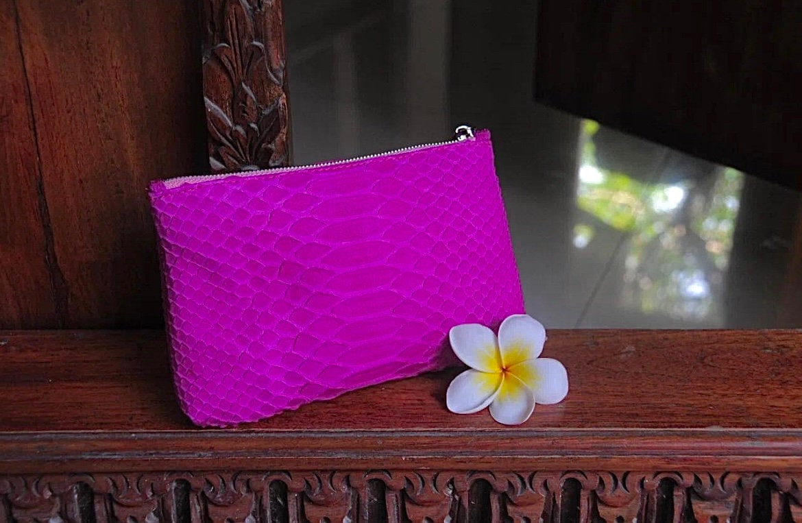 Genuine python skin hot pink cosmetic bag/ Purse Insert Organizer/ Bag Insert For Tote Bag/ exotic leather wallet / small snake skin clutch — Red
