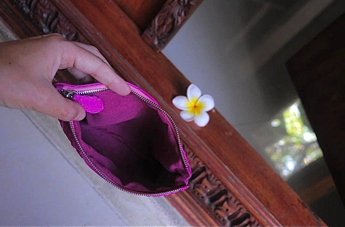 Genuine python skin hot pink cosmetic bag/ Purse Insert Organizer/ Bag Insert For Tote Bag/ exotic leather wallet / small snake skin clutch — Red