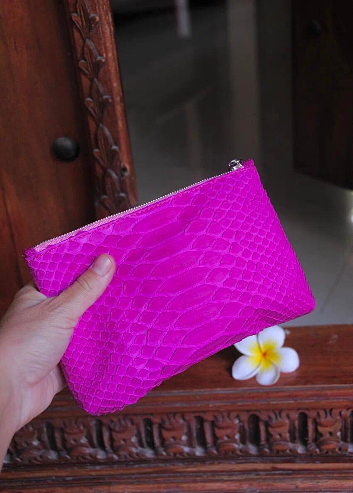 Genuine python skin hot pink cosmetic bag/ Purse Insert Organizer/ Bag Insert For Tote Bag/ exotic leather wallet / small snake skin clutch — Red