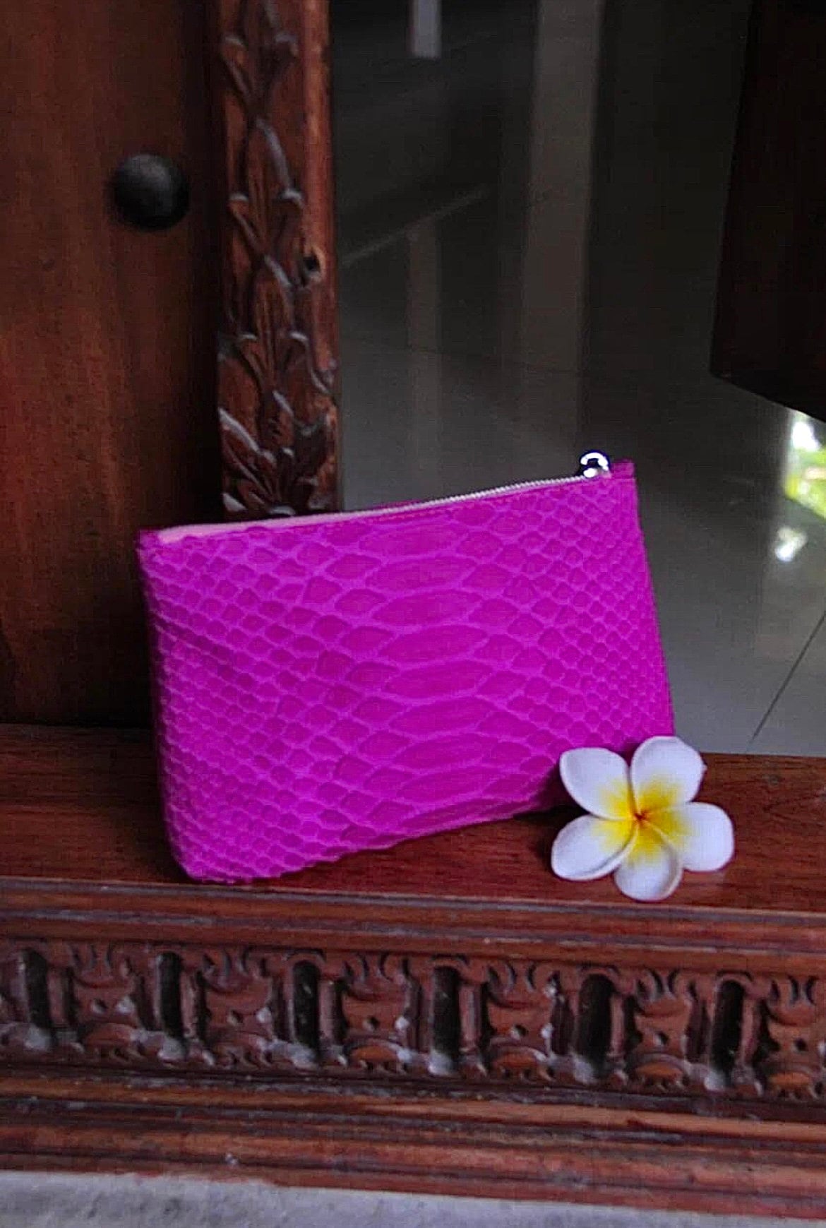 Genuine python skin hot pink cosmetic bag/ Purse Insert Organizer/ Bag Insert For Tote Bag/ exotic leather wallet / small snake skin clutch — Red