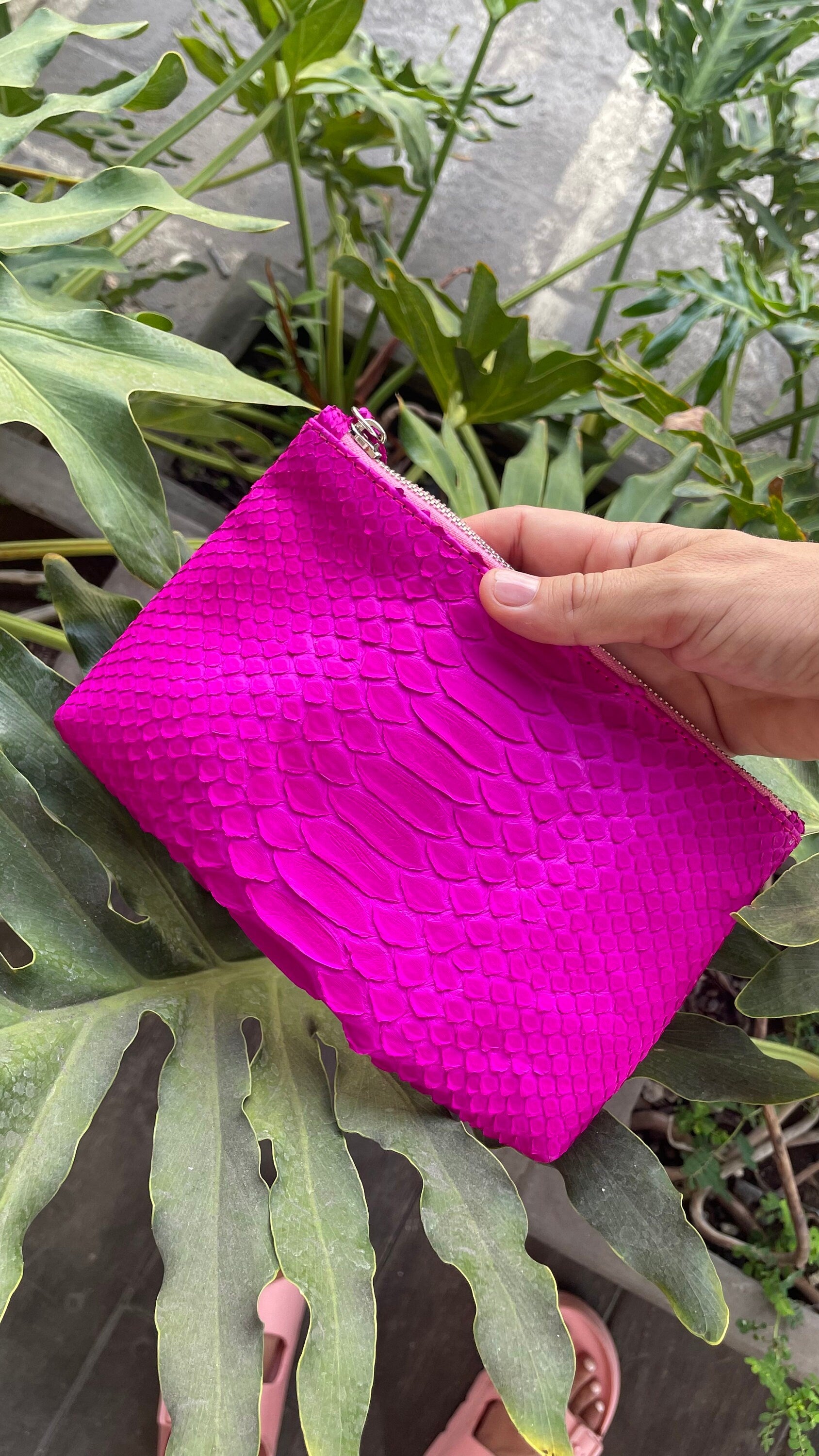Genuine Python Skin Cosmetic Bag — Hot Pink